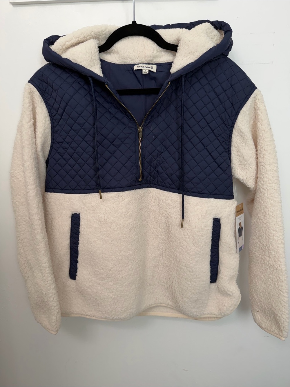 BearPaw Quilted Navy Half‑Zip Sherpa Pullover with Cream Trim